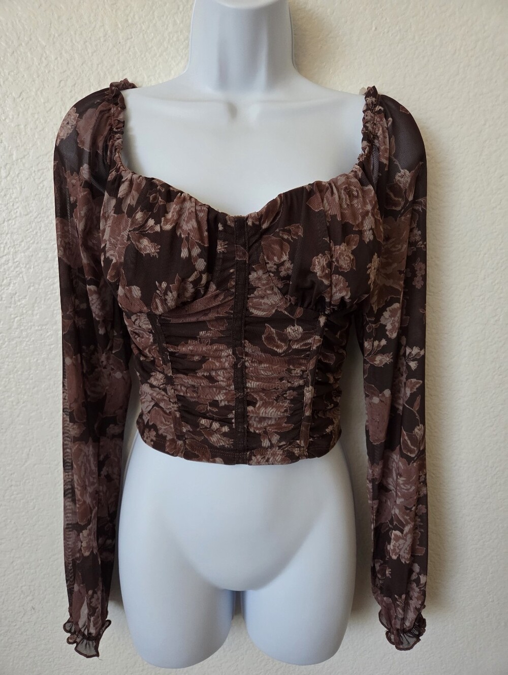 Dylan Ryan Floral Mesh Crop Top Ruched Long-Sleeve Women's Size Medium Romantic